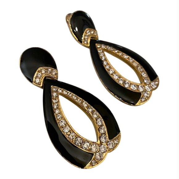 Vintage Black Enamel Crystal Rhinestone Clip On Earrings 80s Excellent Condition - Picture 2 of 5